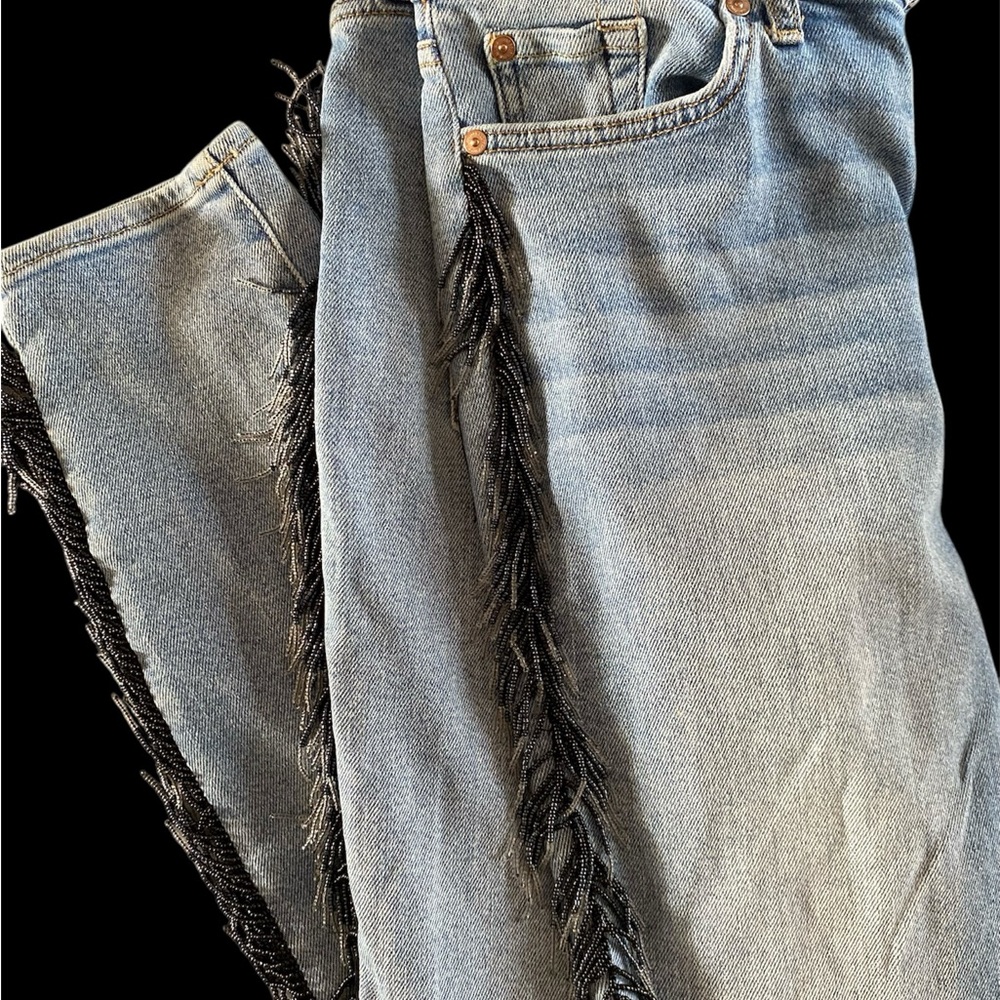7 for all mankind Vintage Luxe Beaded Fringe Detail Blue Jeans - Picture 2 of 9